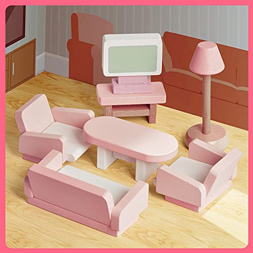 Pink Wood Doll House 22-Piece Furniture Set